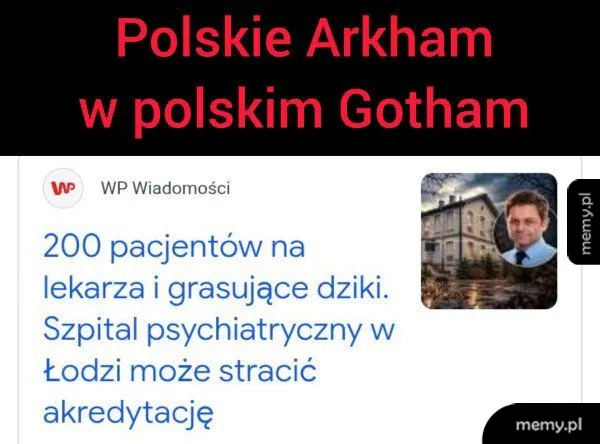 Mem z nagłówkiem o szpitalu psychiatrycznym w Łodzi i dzikach